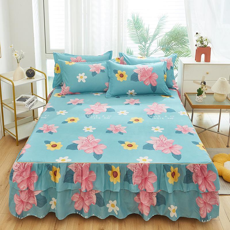 3pcs Modern Korean Floral Bed Skirt Set with Lotus Leaf Embellishments and Princess Floral Pattern, All-Season Brushed Light Beige-Friendly Bedding