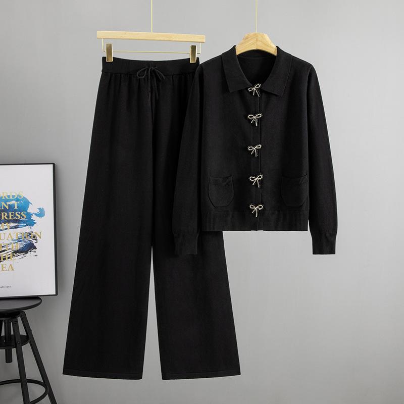 

Spring and Autumn s New Fashion Set for Women: Solid Color Lapel, Bow, Button-down Knitted Coat, Wide-leg Pants One size чорний