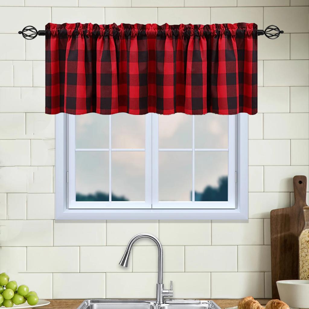 Cantonnières de fenêtre à carreaux Buffalo Rouge et noir Design de ferme Traitement de fenêtre Décor Rideaux Cantonnières à passe-tringle pour cuisine