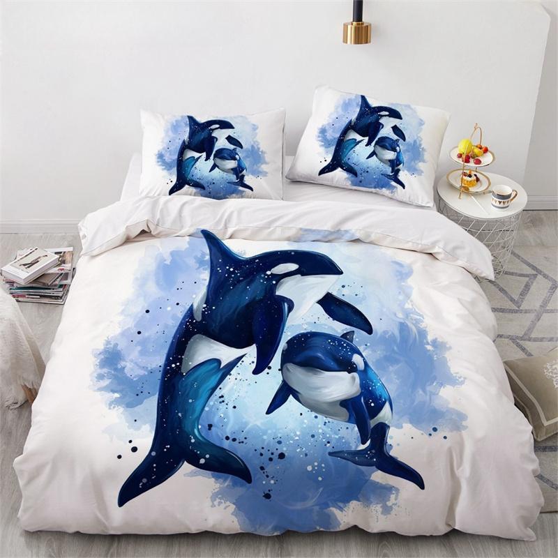 Dolphin Ocean King Queen Duvet Cover Cute 3D Sea Animal Bedding Set for Kids Teens Adults Shoal of Fish Blue 2/3pcs Quilt Cover
