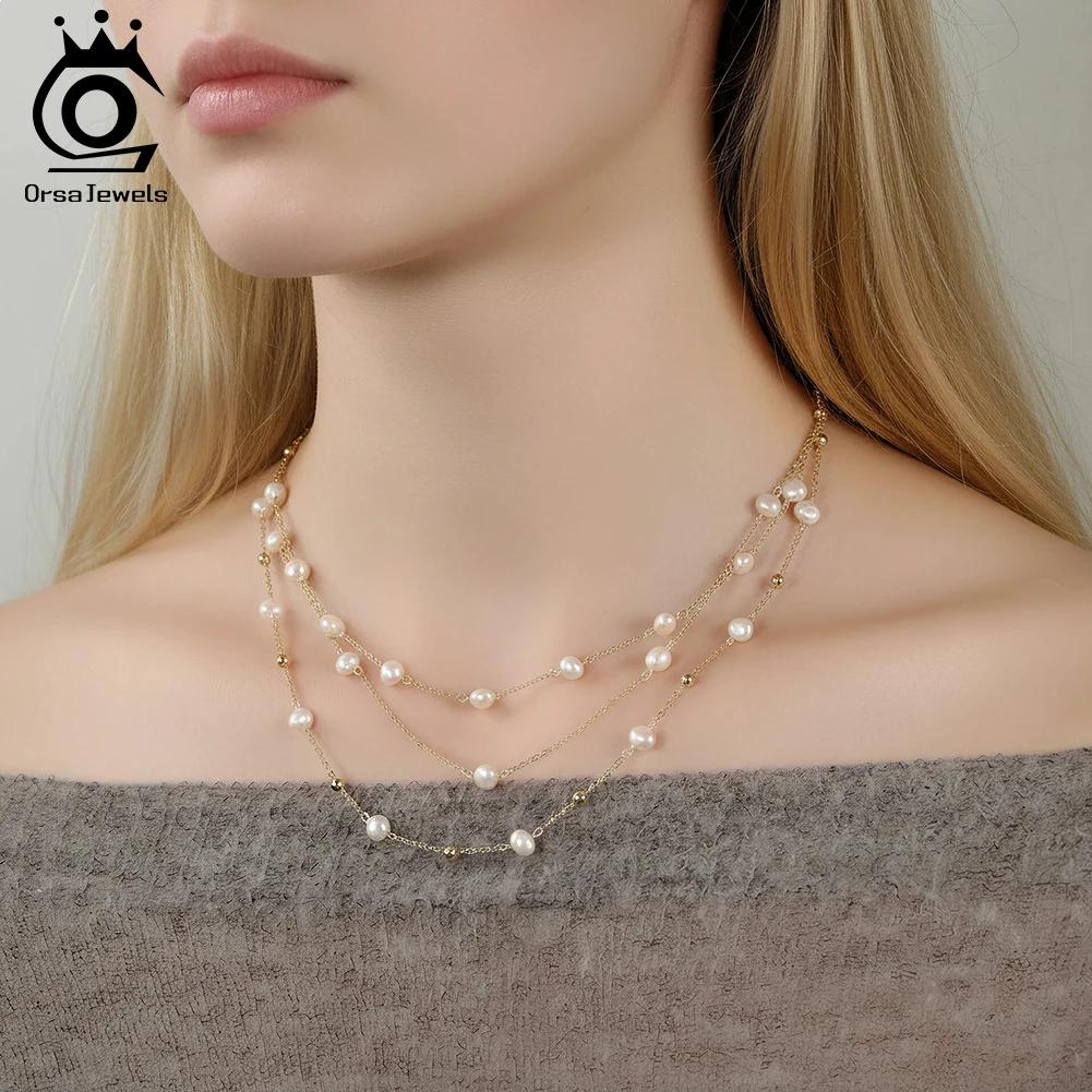 ORSA JEWELS Multi-Layer Natural Pearls Necklace 925 Sterling Silver Trendy Layered Pearl Choker Chain for Women Jewelry GPN89