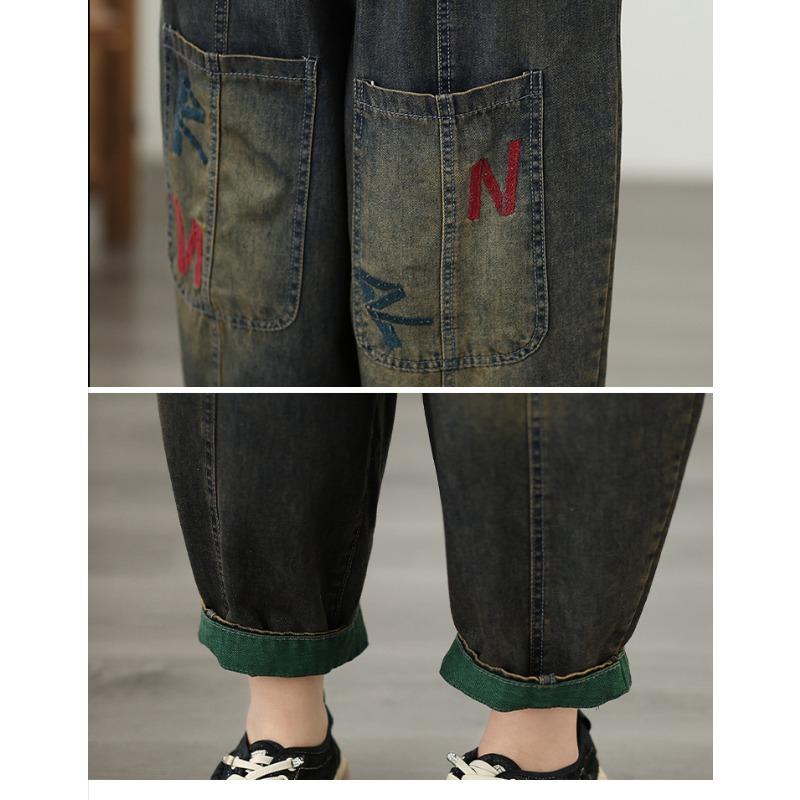 DIMANAF 2026 Summer New Plus Size Women Jeans Elastic Waist Vintage Print Long Pants Loose Casual Denim Cotton Trousers Pants