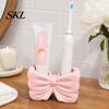 Double Hole Bathroom Holder 3D Printed Bow Toothbrush Holder, Adhesive Cup with Dual Holes for Counter Organizer & Toothpaste, Cute Decor, Minimalist