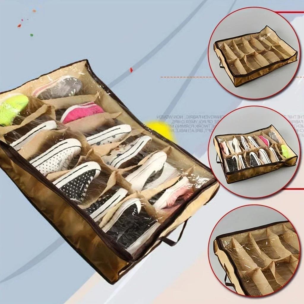 12 Grid Space Saving Shoe Storage Box with Dustproof Transparent Lid Waterproof Non Woven Organizer Closet Home Organization Box