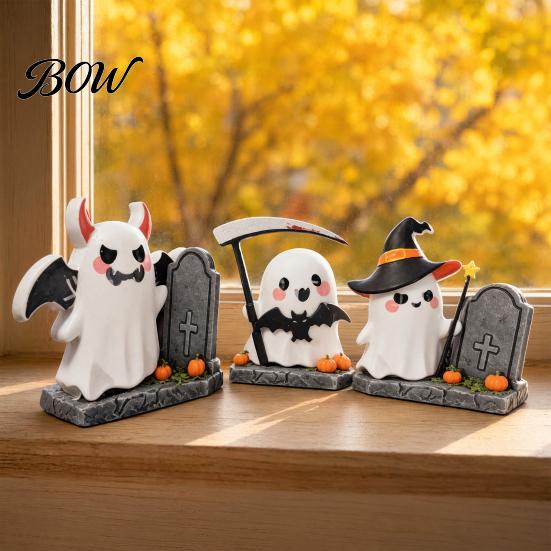 Desktop Halloween Ornament 3Pcs Decoration, Resin Micro Landscape Miniature Figurines, Cute Ghost Store Holiday Display Decor Pumpkin Fairy Garden for