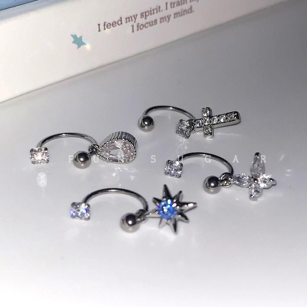 Eight-Pointed Star Water Drop Cubic Zirconia Titanium Steel U-Shaped Horseshoe Ring and Butterfly Ear Studs