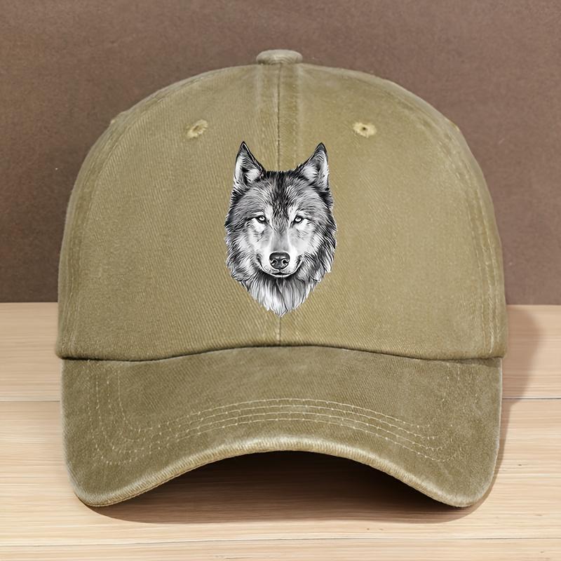 Modische Baseballkappe für Damen und Herren mit Buchstaben-Wolfskopf-Print, gewaschen, verstellbare Trucker-Kappe für Outdoor-Sportarten, Angeln
