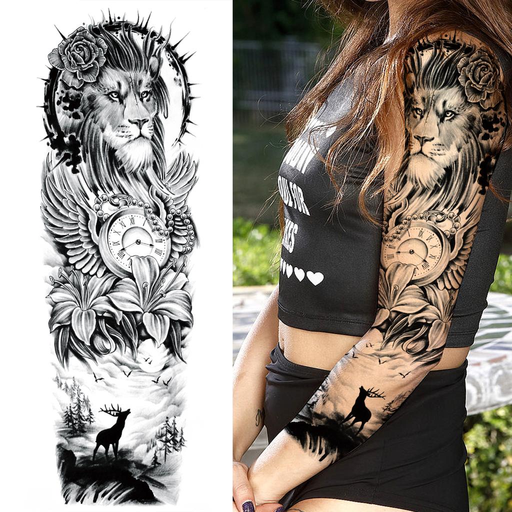 1 Foglio Tatuaggi Temporanei Finti Manica Lunga Per Donne Uomini Leone Tigre Fiore Lupo Maori Tatuaggio Adesivo Braccio Gamba Trasferimento ad Acqua Fai da Te