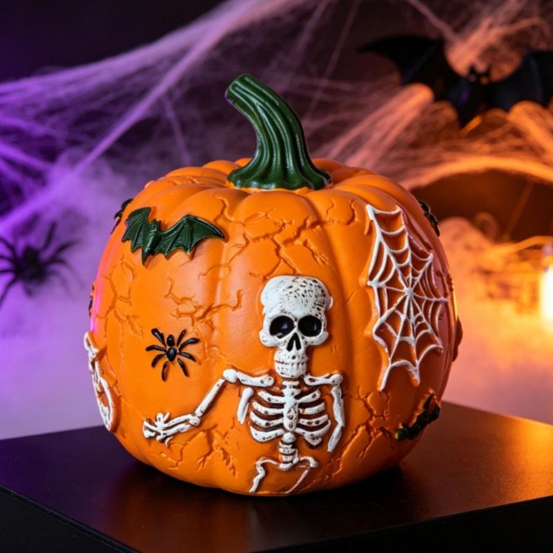 Illuminated Plastic Pumpkin Ornament with Skeleton Web Detail for Halloween Party Decoration, and Table Shelf and Entryway