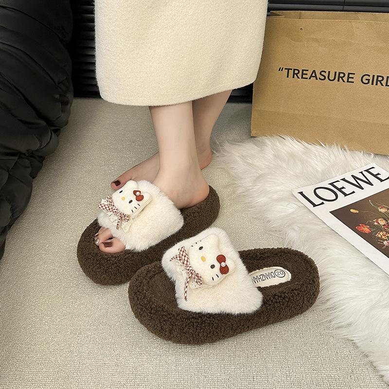 Fleece Warm Fluffy Slippers One-word Drag Internet Celebrity Fashion Cartoon Hello Kitty Cotton Slippers Women's 2025 Autumn and Winter New