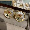 Round White Sea Shell Relief Flower Stud Earrings, Retro Classic Court Style Vintage Copper Plated With Sand Gold New Chinese Style