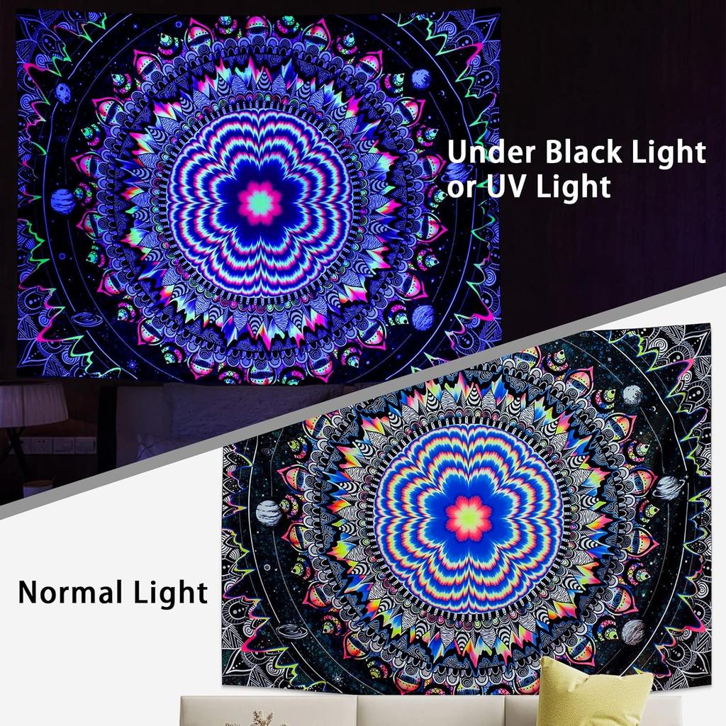 Amonercvita Blacklight Tapestry Trippy Mandala Tapestries UV Reactive Galaxy Stars Tapestry Psychedelic Neon Tapestries Wall Hanging Hippie Black