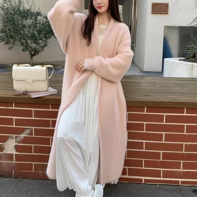 White Long Cardigan for Women Winter Clothes Knitted Fluffy Long Sleeve Cashmere Sweater Coat Korean Style Warm Vintage