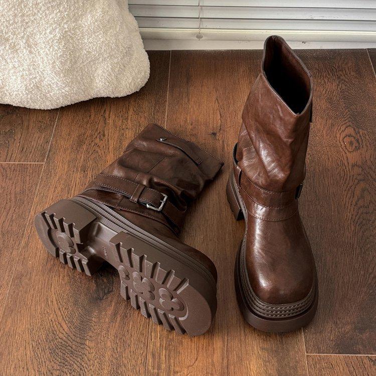 Rindslederversion~ innenliegende Höhenerhöhung Retro Maillardbraune Martin-Stiefel Damen 2025 neu Herbst und Winter zwei Tragevarianten Plateau Kurzstiefel