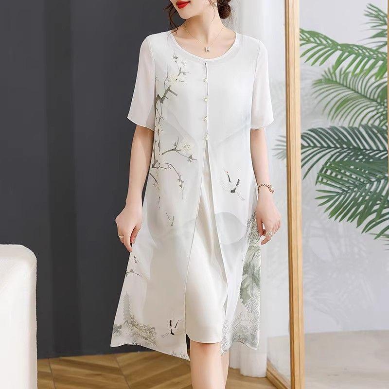 Chinese Traditional Cheongsam Dress Summer Floral Print Loose Fit Comfortable Breathable Fabric Vintage Style for Women