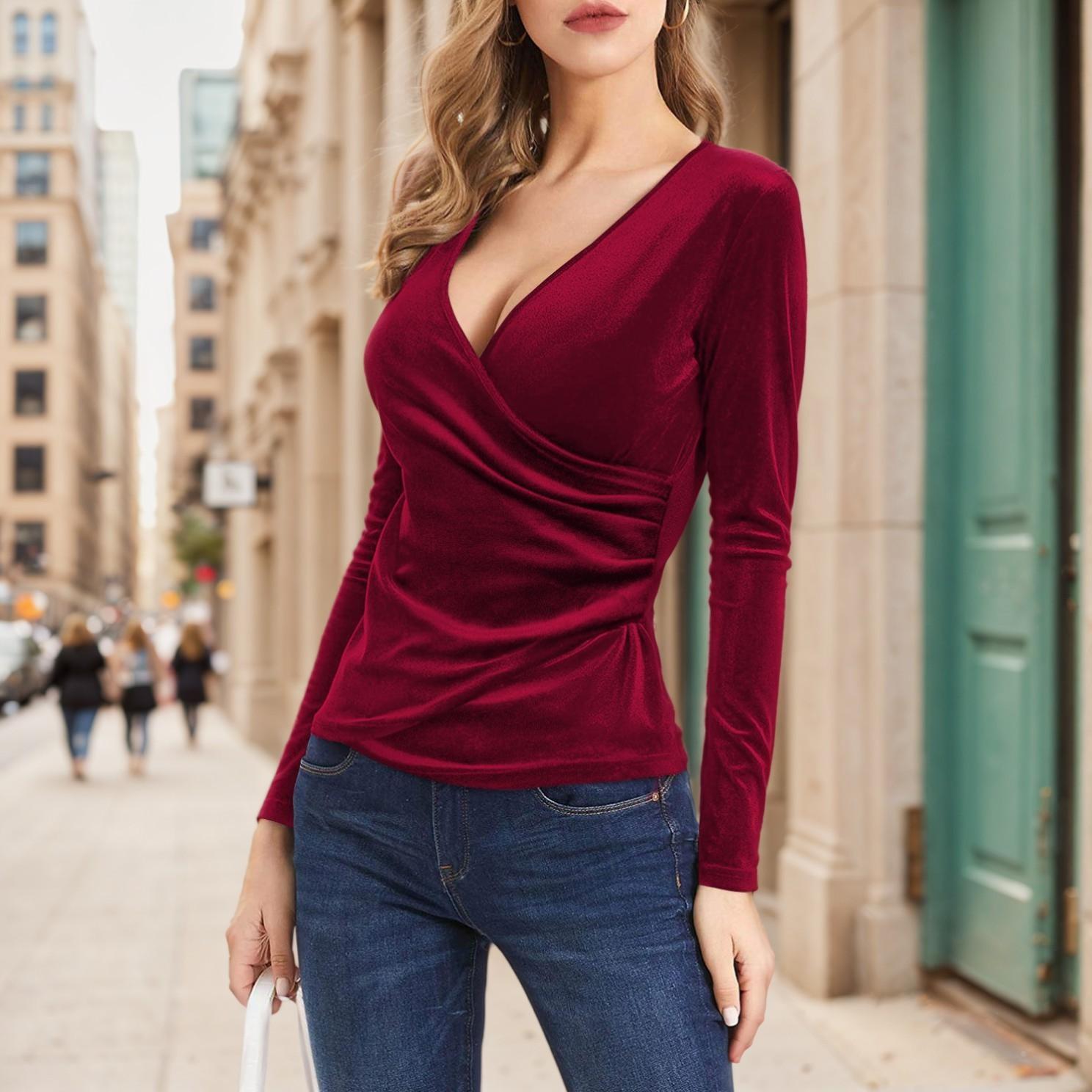 

Autumn and Winter Women s Tops T-shirt Sexy V-neck Temperament Elegant Long-sleeved Bright Ribbed Bottoming Shirt Warm XL