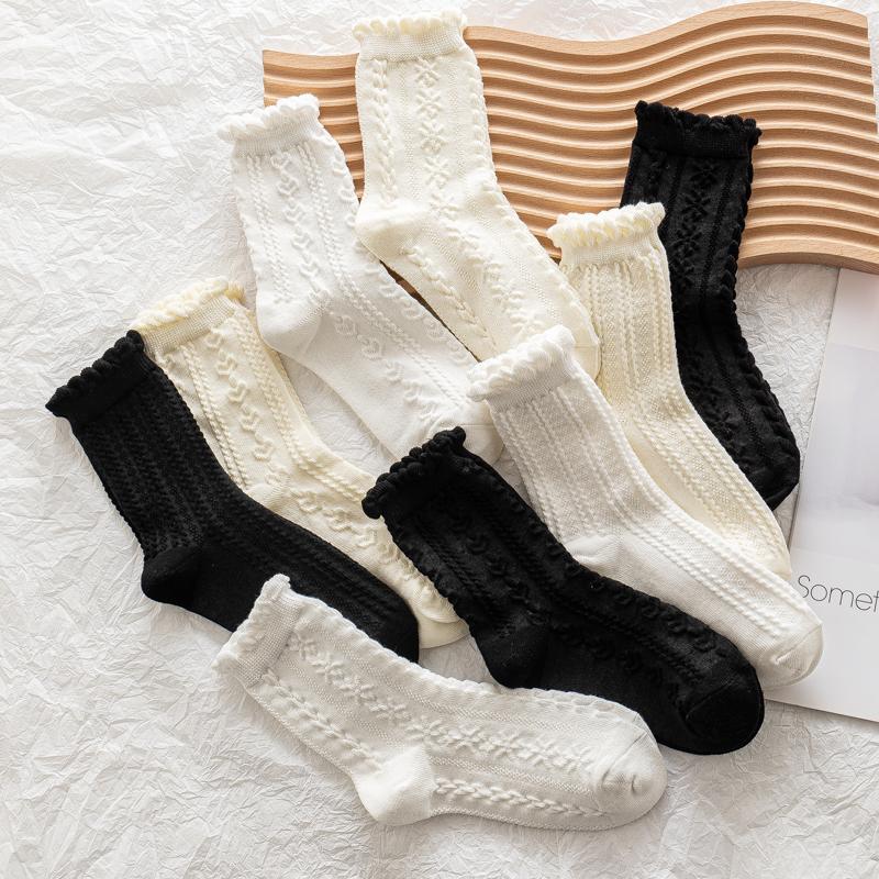 Womens Socks Ruffle Turn-Cuff Mid Cut Ankle Crew Socks All Season Soft Knit Cotton Socks Solid Color Lettuce Dress Sock