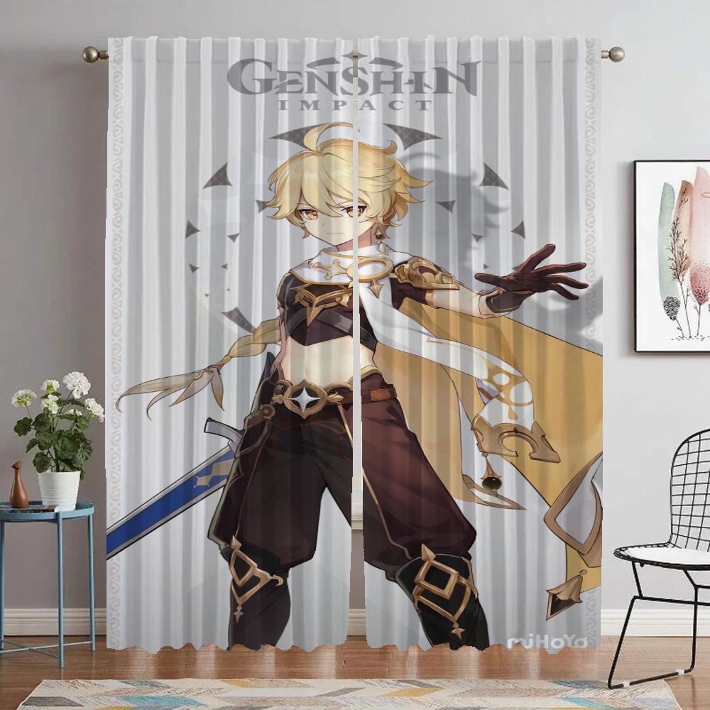 Genshin Impact Window Curtain for Room 2 Panel Home Interior Curtains Halloween Decoration Tulle for Bedroom Shades Partition