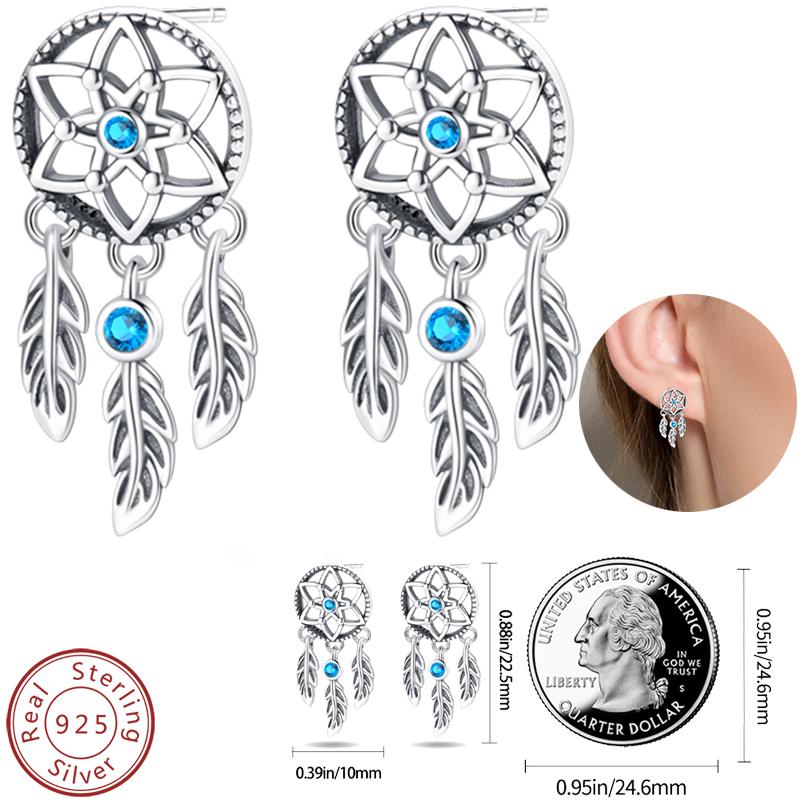 Real 925 Silver Palm Devil's Eye Feather Dream Catcher Design Luxury Earrings Fit For Engagement Fine Jewelry Gifts