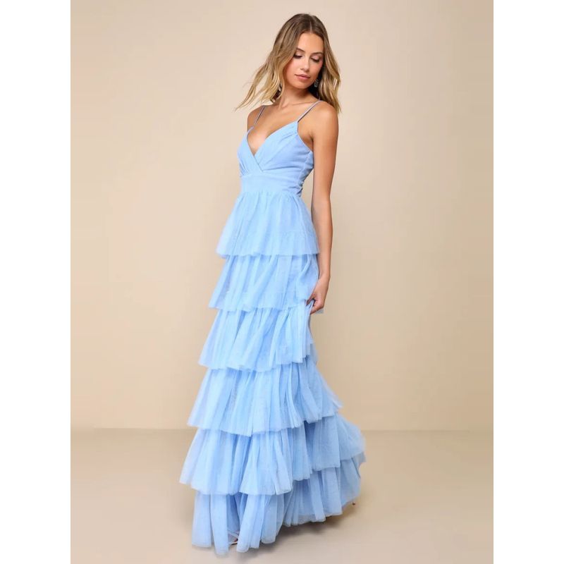 

Foreign Trade Lu s Sling Sexy Summer Vacation Lady Banquet Production Light Wedding Dress Mesh Layer Cake Dress Light Blue S