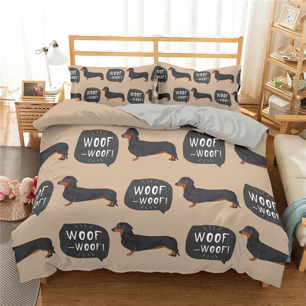 Sausage Dog Print Duvet Cover Set Queen King Full Size Cartoon Dachshund Puppy Bedding Set for Boys Polyester Comforter Cover