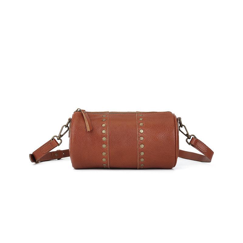 Genuine Leather Rivet Cylinder Bag Retro Vegetable-tanned Niche Design Single-shoulder Crossbody Bag