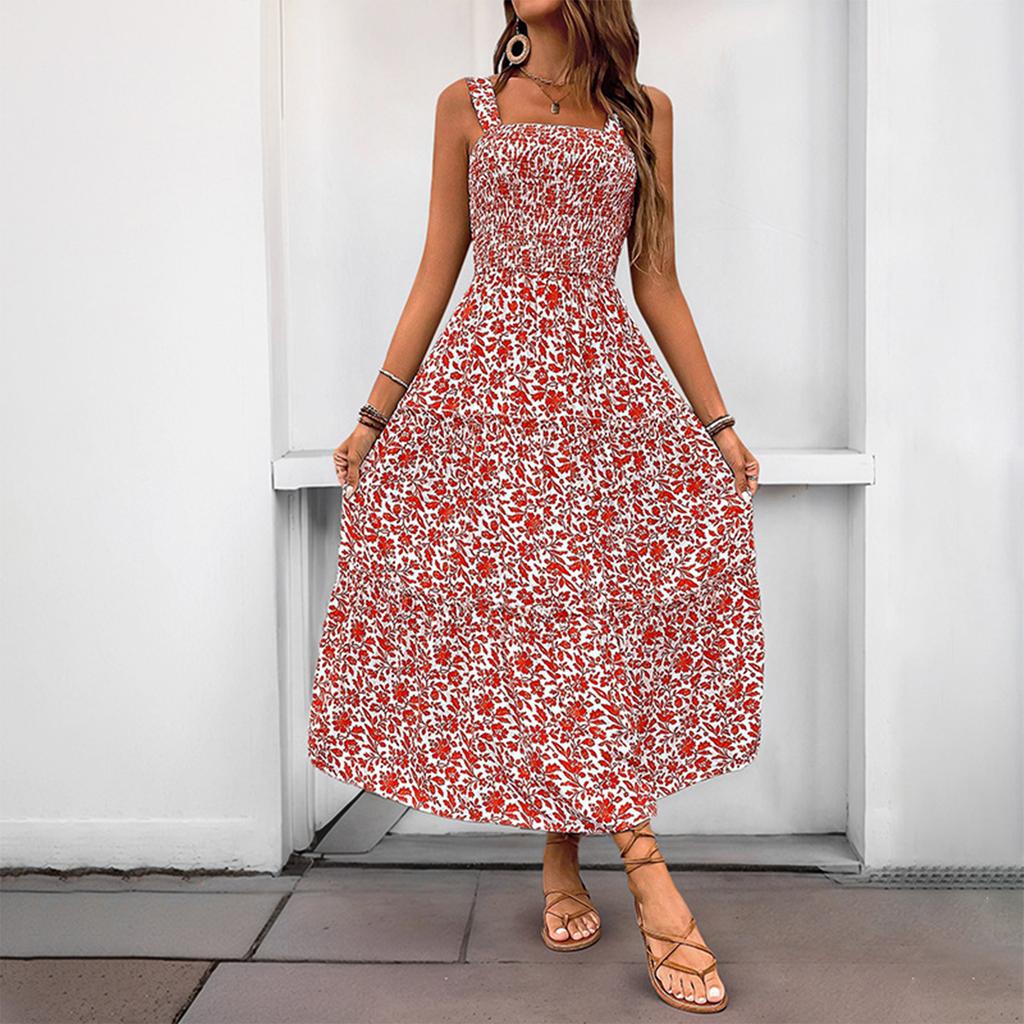 Summer Dresses For Women Boho Maxi Dress Square Neck Smocked A Line Flowy Beach Long Sundress
