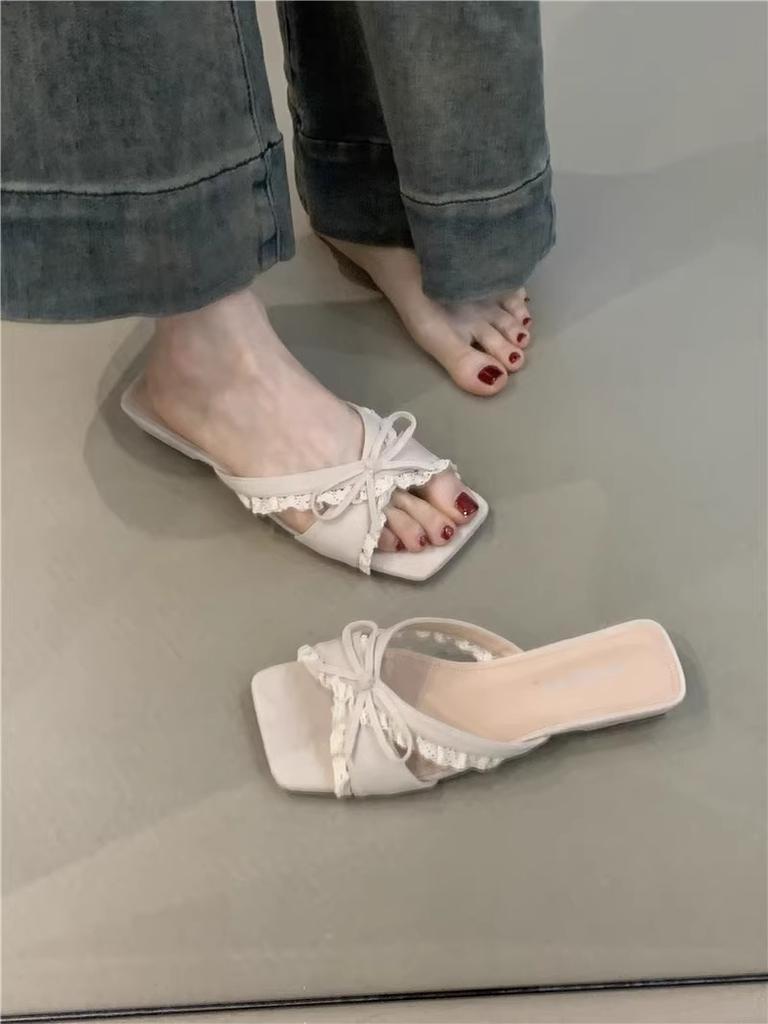 Fashion Hot Selling 2025 New Summer Low Heel Women Slippers Fashion Lace Butterfly-knot Open Toe Slide Ladies Elegant Dress Sandalias
