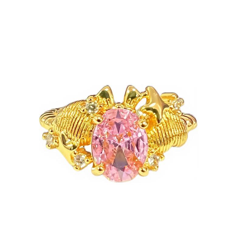

Vintage Antique Pink Zircon Brushed Love Star Open Ring Niche Design Light Luxury Ring Woman Adjustable opening