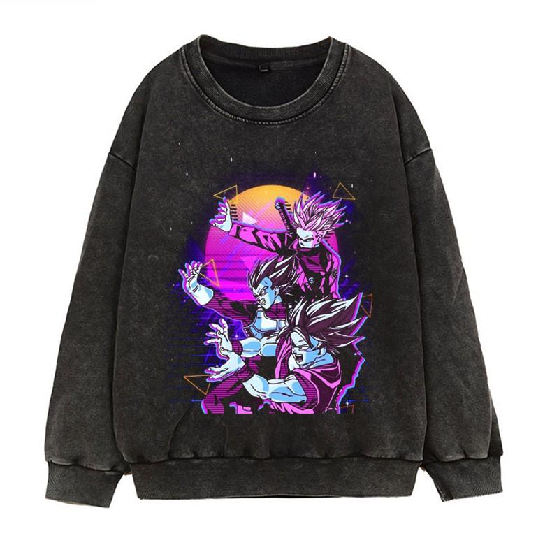 Vintage Washed Dragon Ball Anime Hoodie-Free Crewneck Sweatshirt Teens Men Streetwear Casual Long Sleeve Cotton