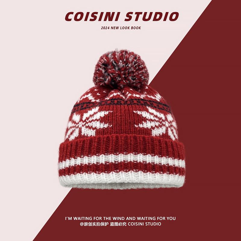 Koreanische Version des Retro-Fair-Island-Stil-Strickmützen-Paares, verdickt, warm, Weihnachten, Schneeflocken-gestreifter Pulloverhut