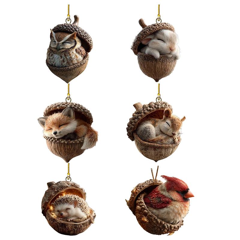 Lesní zvířátka žaludové ozdoby 2D ploché útulné lesní vánoční ozdoby, 2026 Nová dekorace zvířátka z borové šišky