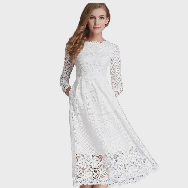 2025 Fall European & American Women's Lace Slim Midi Dress with Hollow Round Neck & Long Sleeves