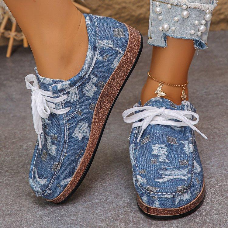 Large size flat-bottomed casual single shoes for women, new canvas lace-up flat-bottomed single shoes for women in spring and autumn