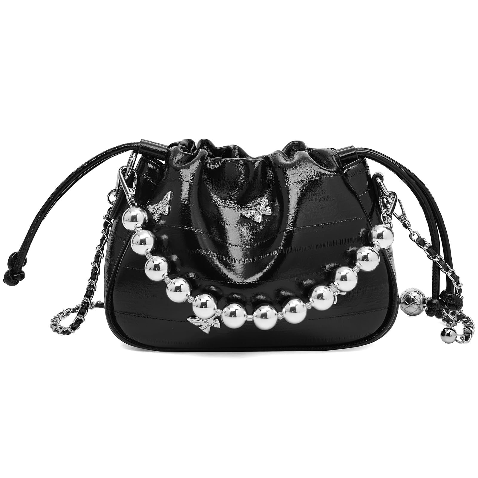 

Handbag Shoulder Bag Crossbody Bag Cute Lightweight Small Drawstring Chain [FOXLOVER] Women s 2-Way (Black)