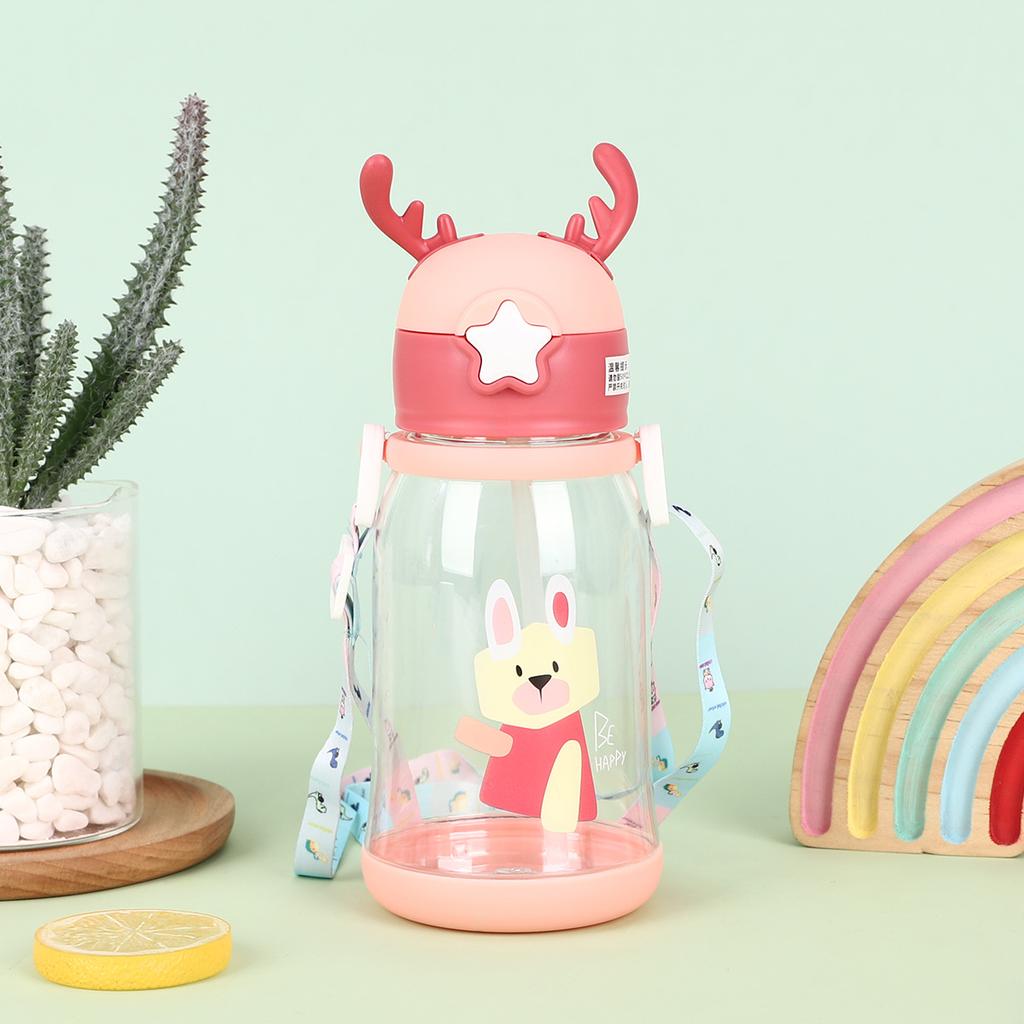 Water bottle children's cartoon antlers plastic cup portable car rope accompanying cup large capacity double drinking straw water cup