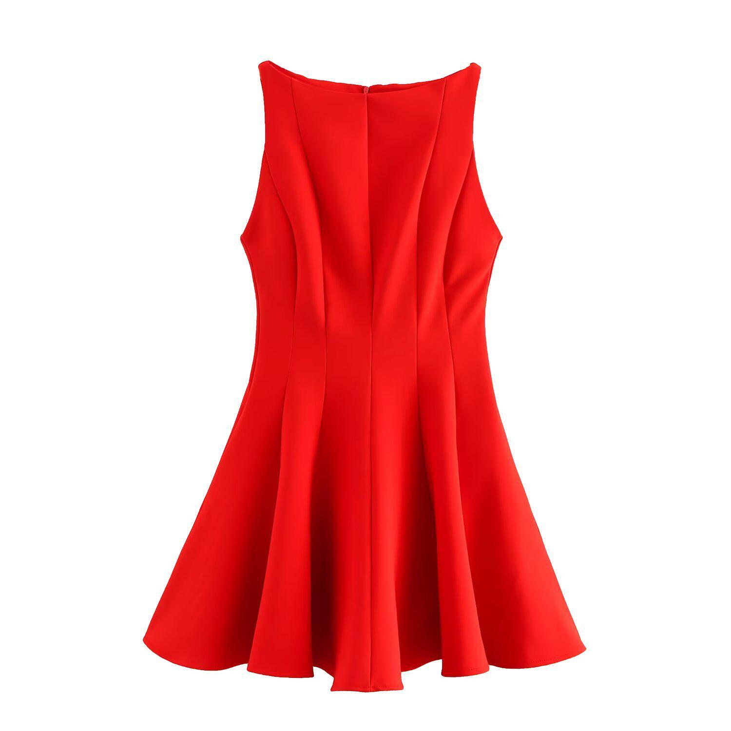 

2025 Spring Women s Slimming Waist Sleeveless Swing Dress S червоний
