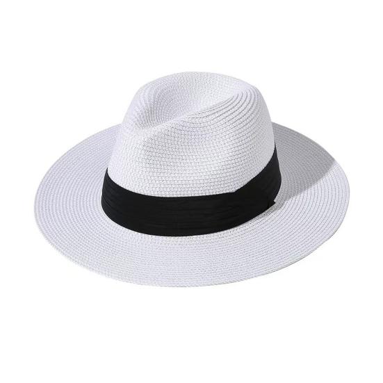 Panama Hat Women Men Wide Brim Straw Beach Hat Ribbon Decor Breathable Elastic Fit Summer Sun Hat Vacation Accessory