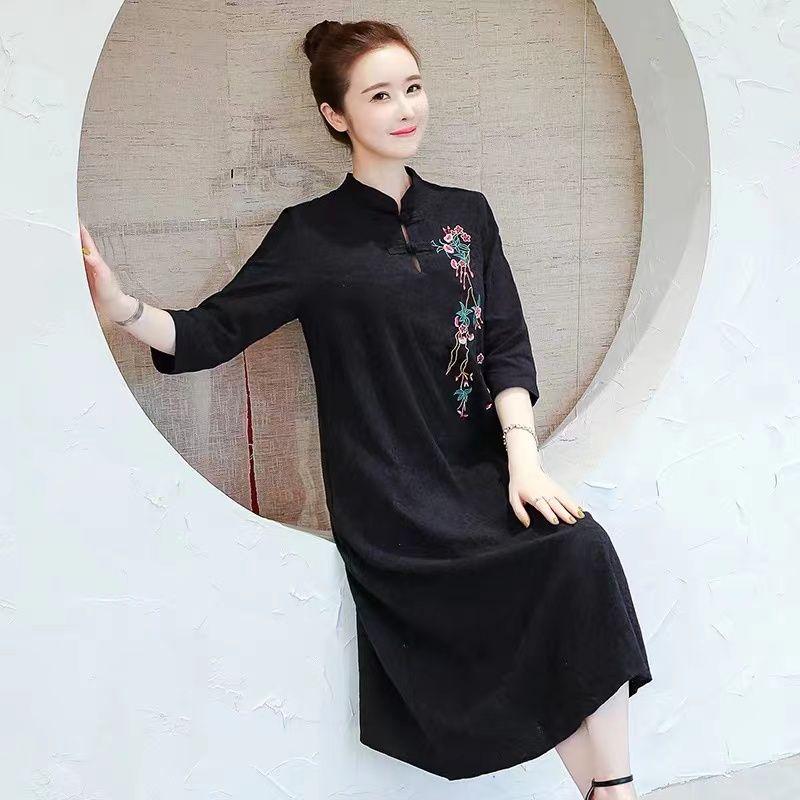 

Летнее женское платье миди в китайском этническом стиле с вышивкой больших размеров 4XL чёрный