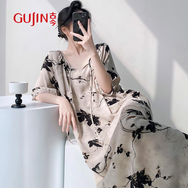 GUJIN Women s Cool Cotton Silk Short Sleeve Lounge Dress One Size (90-130 jin)