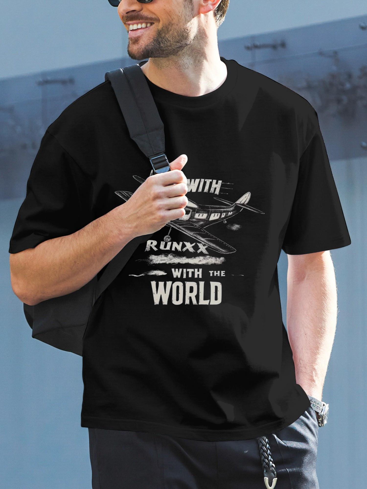 

1pc Vintage Aviation Graphic T-shirt - 180g Cotton Crew Neck Short Sleeve Tee with RUN with THE WORLD Print & Airplane Design XXXXL