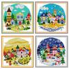 Amiiba 4-Piece Cross Stitch Kit, 11ct, Pre-Printed Design, "Four Seasons House," DIY Wall Art Decor, Beginner's Guide