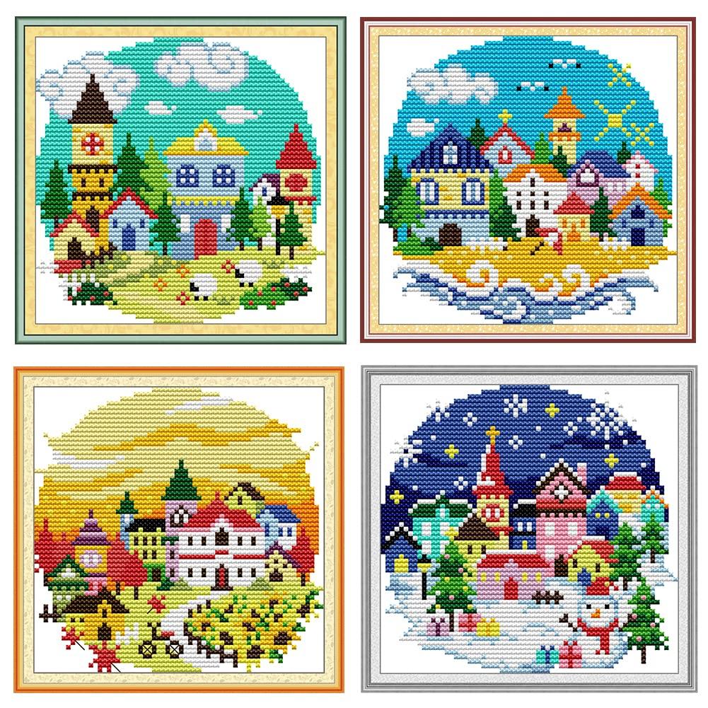 

Amiiba 4-Piece Cross Stitch Kit, 11ct, Pre-Printed Design, Four Seasons House, DIY Wall Art Decor, Beginner s Guide