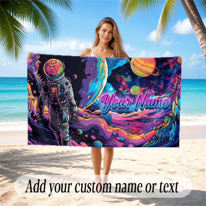 Astronaut Space Theme Quick Dry Beach Towel Custom Name Text Print Large Sand Resistant Towel Beach Vacation