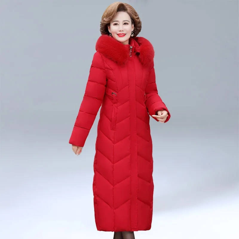 Women Winter Hooded Fur Collar Warm Jacket Clothing Middle-Aged Mother Mid-Long Thicken Warm Female Parkas