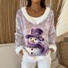 Women's Fashion Plush V Neck Pullover Top Long Sleeve Tee Christmas Printed Sweatshirt