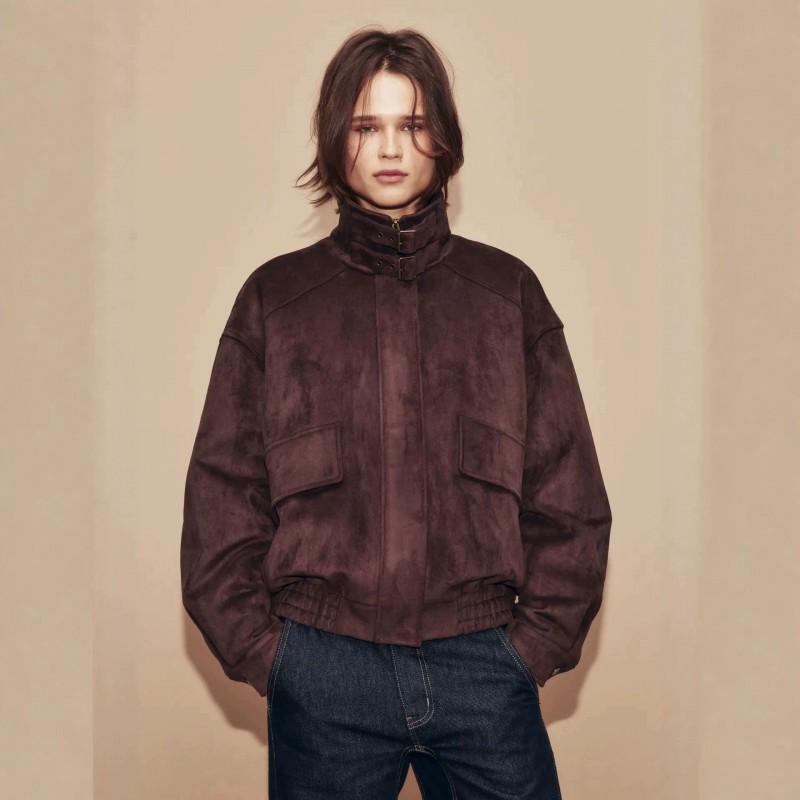 Womens Vintage Faux Suede Pilot Jacket Stand Collar Pocket Thick Short Coat Streetwear