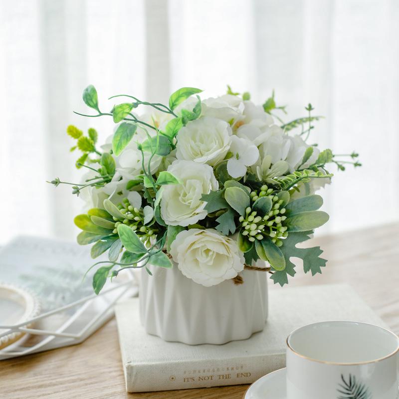 Artificial Flowers with Small Ceramic Vase Faux Roses Plants Eucalyptus Leaves Berries Flower Arrangements Decorations for Home