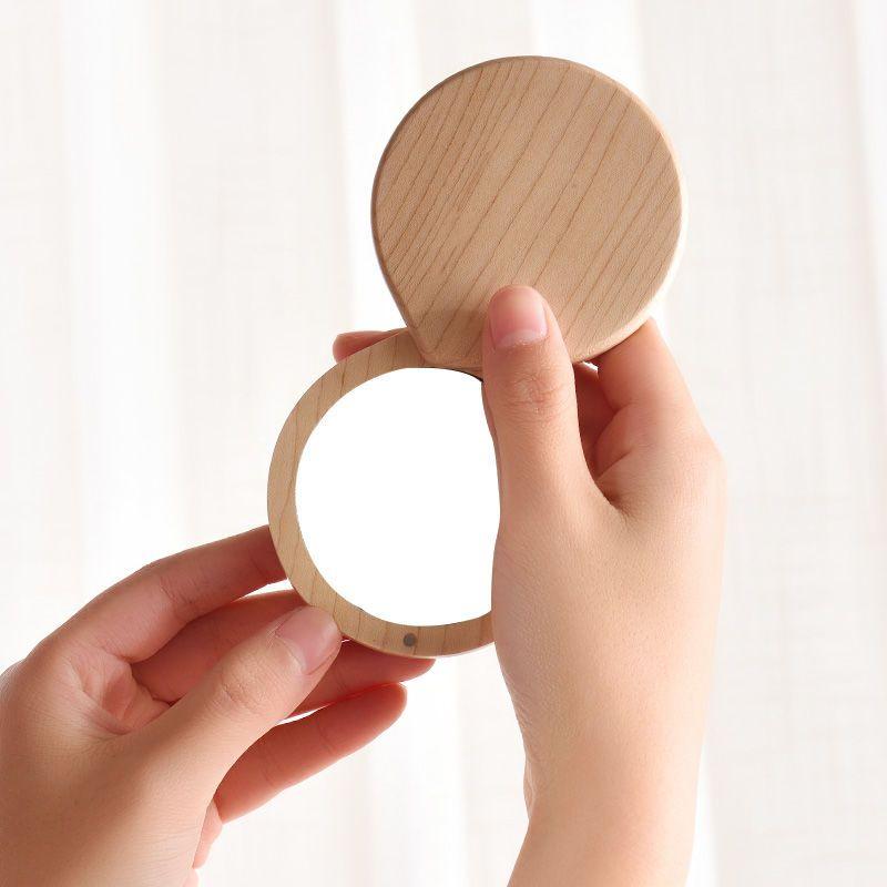 Wooden HD Handheld Mirror Portable Portable Small Mirror Slide Cover Mini and Simple Cosmetic Mirror Female Custom Creative Gift