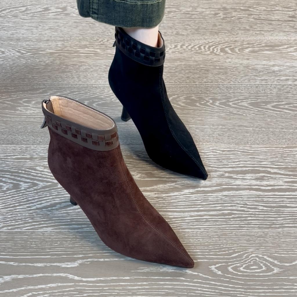 7.5Cm Korean Version of Fashion High-heeled Short Boots Women's Autumn and Winter Versatile Pointed Boots Black Fashion Temperament and Ankle Boots